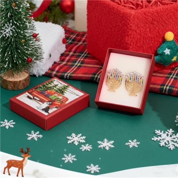 ✨ Festive Candle Christmas Earrings | Gold Crystal Dangle Jewelry - Picture 2 of 5